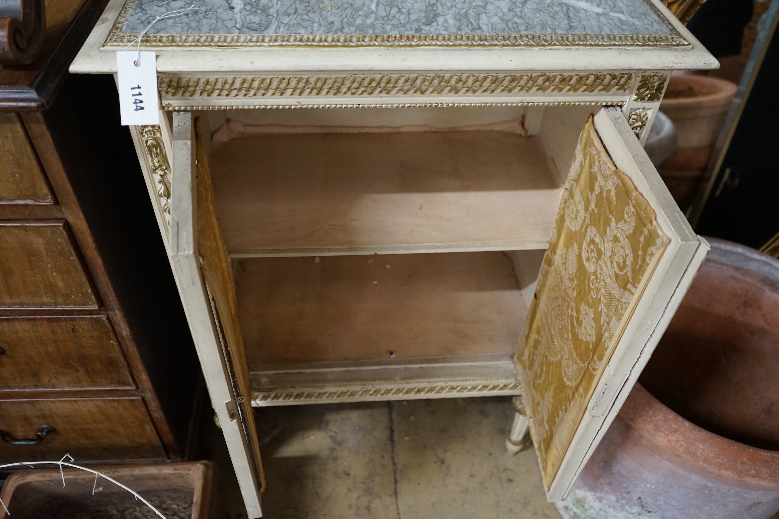 A French painted marble top two door cabinet, width 64cm, depth 40cm, height 94cm